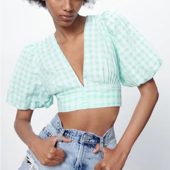 Zara Gingham Puff Sleeve Crop Top in Mint Green, Size M - Picture 1 of 6